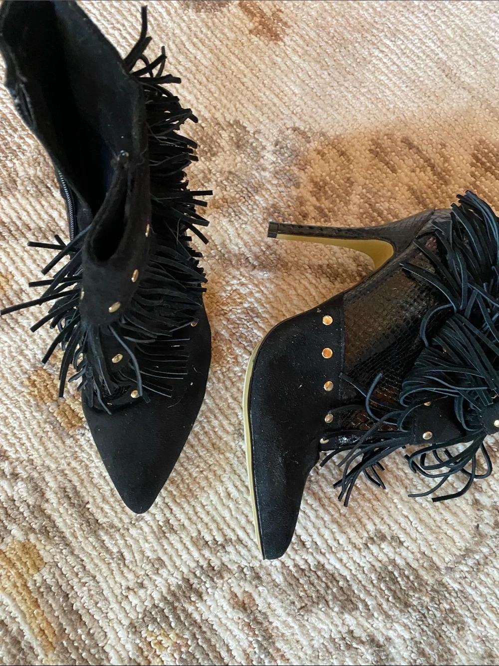 bebe Black Fringe & Gold-Stud Pointed Ankle Booties